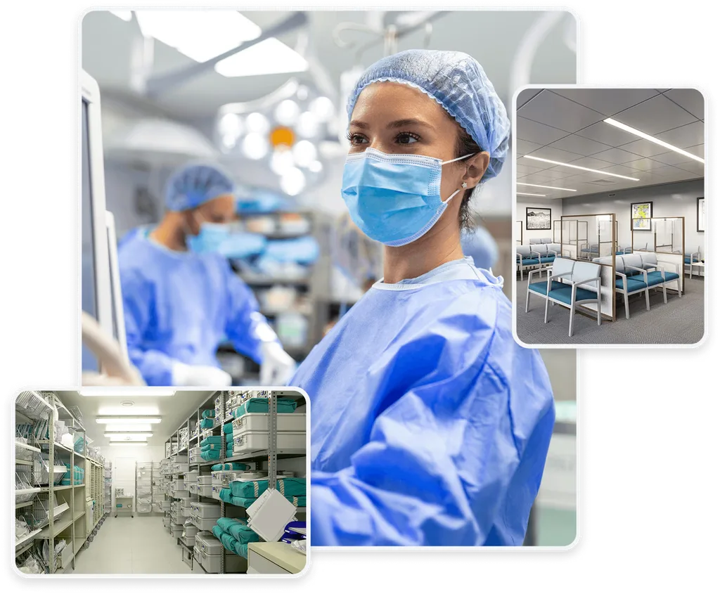 Collage of an operating room, clinical staff and a medical supply warehouse